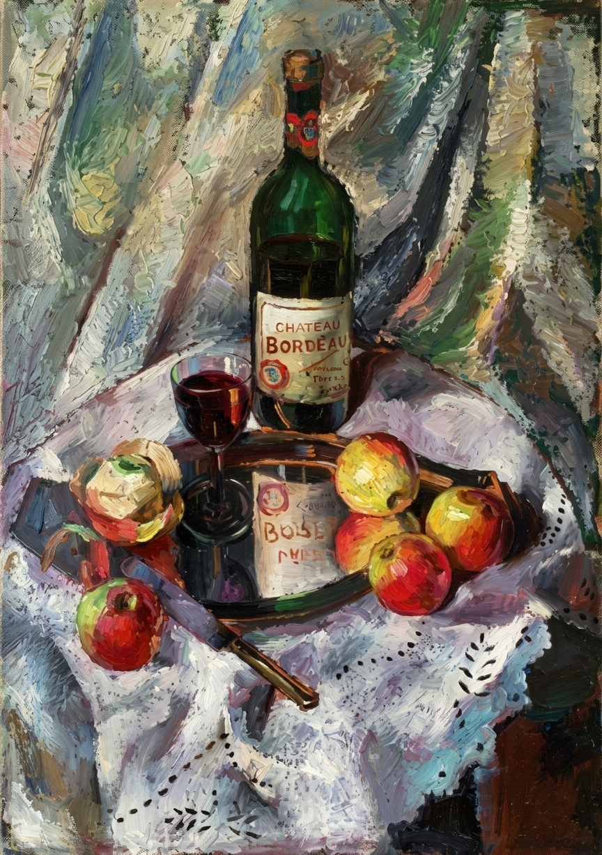 Still life painting by Nikola Martinoski with a wine bottle, glass, and fruit